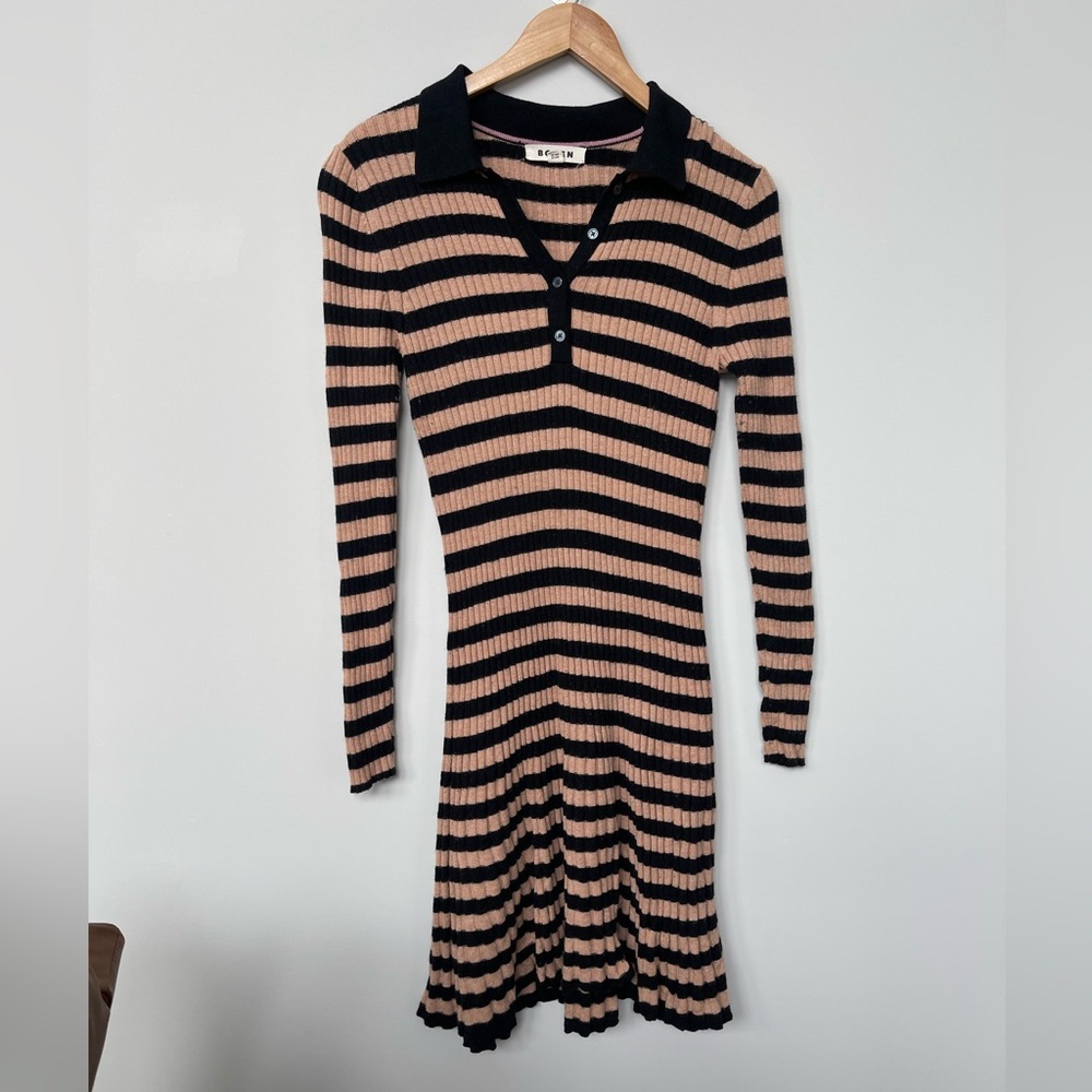 Boden | Tan Black Striped Polo Henley Ribbed Dress 8R